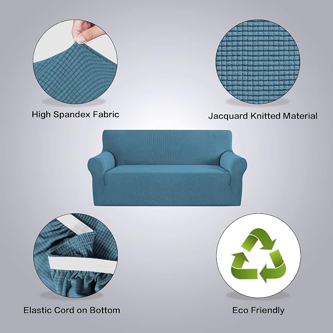 H.VERSAILTEX Stretch Slip Covers for Sofas/Couches Sofa Slipcovers for Living Room Couch Cover 3 Cushion Sofa Feature Thick Checked Jacquard Fabric with Elastic Bottom, Sofa Large - Dusty Blue