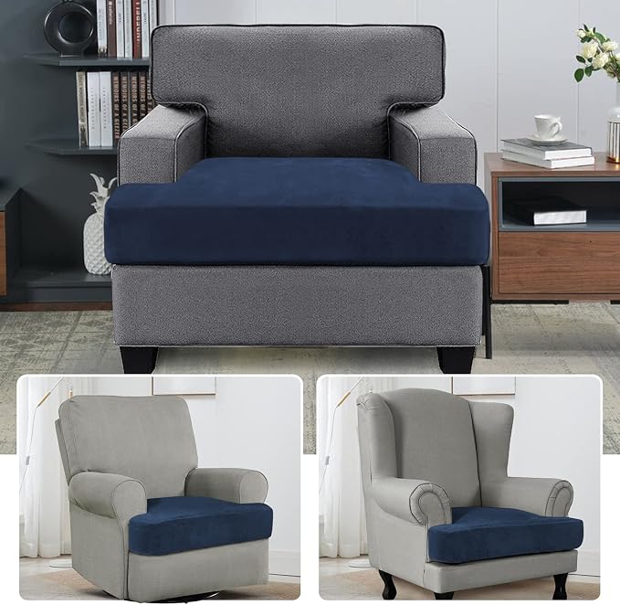 H.VERSAILTEX Stretch Velvet T Cushion Chair Covers for Living Room Armchair Sofa Cover Couch Cover Slipcover T Cushion Seat Cover Stay with Elastic Bands(Armchair, Navy)