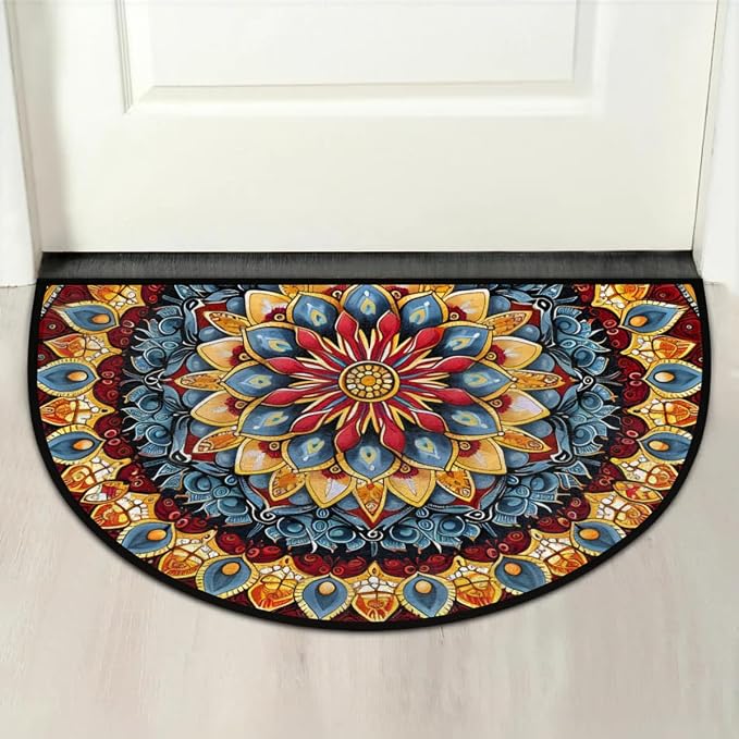 Mandala Red Half Round Door Mat Semi Moon Rug Fireplace Carpet Area Rugs | Mandala Red Non Slip Absorbent Half Circle Mat Carpet for Indoor Outdoor Patio Kitchen Bathroom Entryway Home Decor