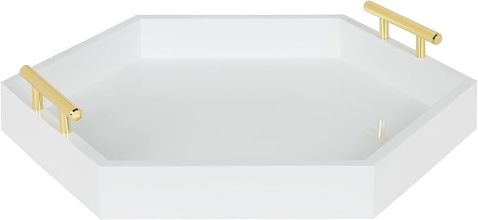 Kate and Laurel Lipton Hexagon Decorative Tray with Polished Metal Handles, White and Gold