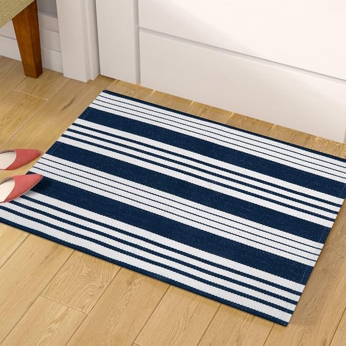 OJIA Front Door Mats Outdoor Welcome Mat 2'x3' Striped Rugs Porch Decor | Washable Cotton Woven Indoor Outdoor Rugs Farmhouse Small Area Rug Layered Doormat for Entryway/Kitchen/Entrance/Patio Decor
