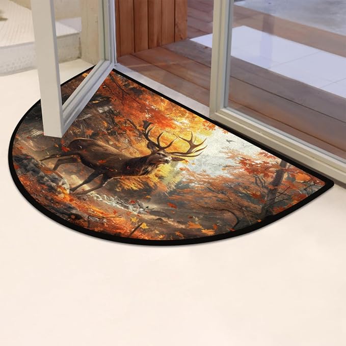 Deer Half Round Doormat Non-Slip Semi Circle Rug Half Moon Mat | Autumn Forest Gold Washable Soft Absorbent Indoor Outdoor Entrance Kitchen Bathroom Sink Patio Welcome Fireplace Floor Rug
