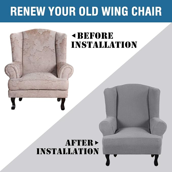 H.VERSAILTEX Wing Chair Slipcover Chair Covers for Wingback Chairs Wingback Chair Covers Slipcovers 1 Piece Stretch Sofa Cover Furniture Protector Soft Spandex Jacquard Checked Pattern, Dove