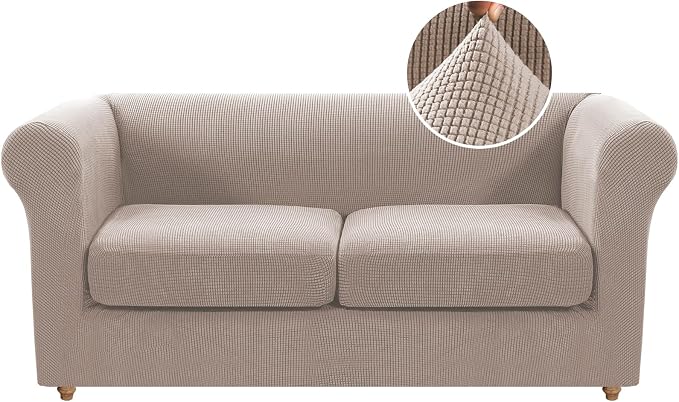 H.VERSAILTEX 3 Pieces Stretch Couch Cover Traditional Chesterfield Loveseat Covers for 2 Cushion Couch Non Slip Mid Century Deep Seat Couch Cover Washable, Thicker Jacquard Fabric(Medium Sofa, Sand)