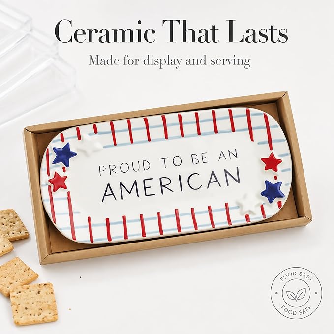 Mud Pie Blue Ceramic Plaid American Sentiment Tray