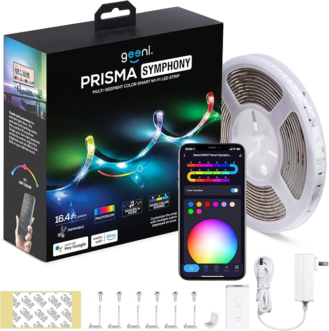 Geeni Prisma Symphony Smart LED Strip Lights, RGBIC Neon Color Changing WiFi Lights with App Remote Control and Music Sync, Compatible with Alexa and Google Home, 16.4 ft