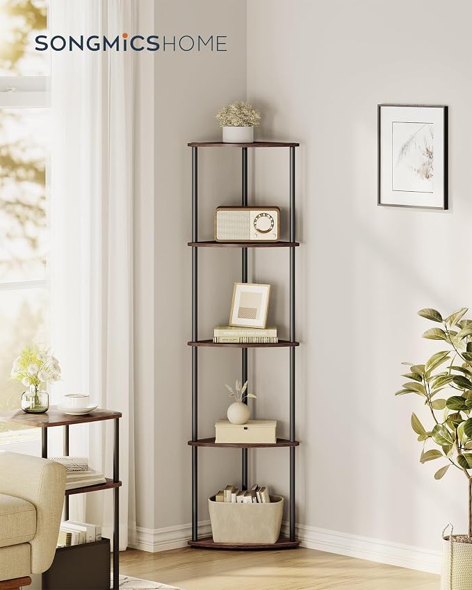 SONGMICS HOME Superfast Toolless Assembly, Corner Shelf Stand, 5-Tier Corner Standing Shelf, Living Room, Bedroom, Kitchen, 15 x 10.6 x 54.7 Inches, Somber Walnut ULBC610K02