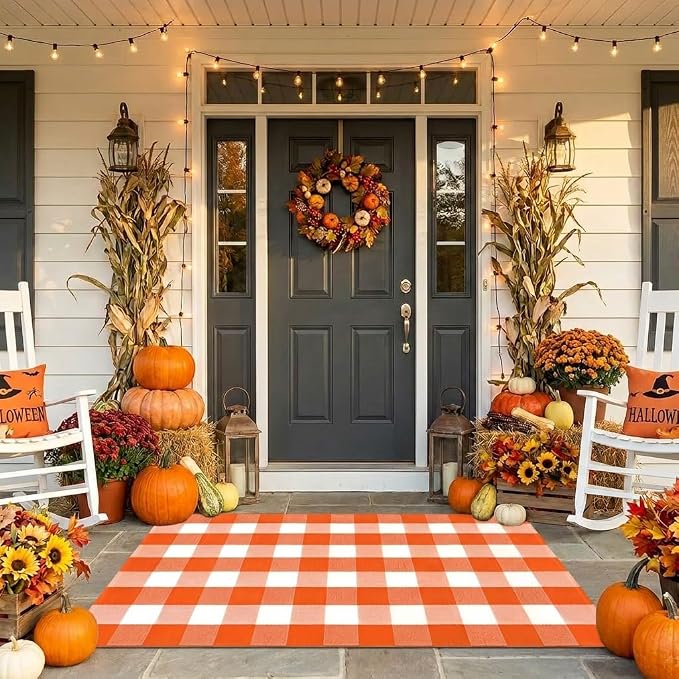 Buffalo Plaid Rug 3' x 5' Orange and White Front Door Mat Reversible Halloween Doormat Layered Porch Rug Washable Hand Woven Cotton Area Rug for Indoor Outdoor Entryway Patio Porch Decor