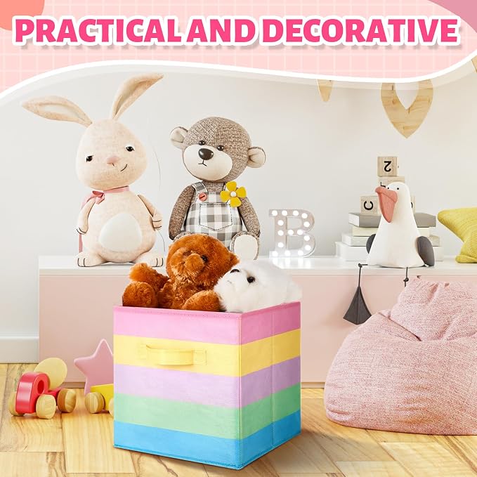 Yinder 12 Pcs Cube Storage Bin Rainbow Colorful 10.5''x10.5''x11'' Storage Bins for Playroom Decor Colorful Bins for Kids Foldable Baskets for Nursery Organizer Boxes Fabric Boxes