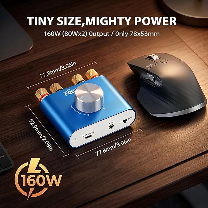 Facmogu F900S Mini Bluetooth 5.0 Power Amplifier, 2.0 CH 80Wx2 Stereo Amp | 160W Hi-Fi Digital | Portable Sound Speaker Wireless Receiver | AUX/USB/Bluetooth In | 12V Power Supply | For Home Audio