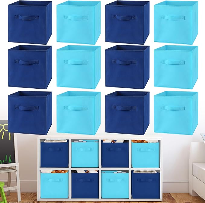 Yinder 12 Pcs Cube Storage Bin Blue 10.5''x10.5''x11'' Storage Bins for Playroom Decor Colorful Bins for Kids Foldable Baskets for Nursery Organizer Boxes Fabric Boxes(Dark and Light Blue)