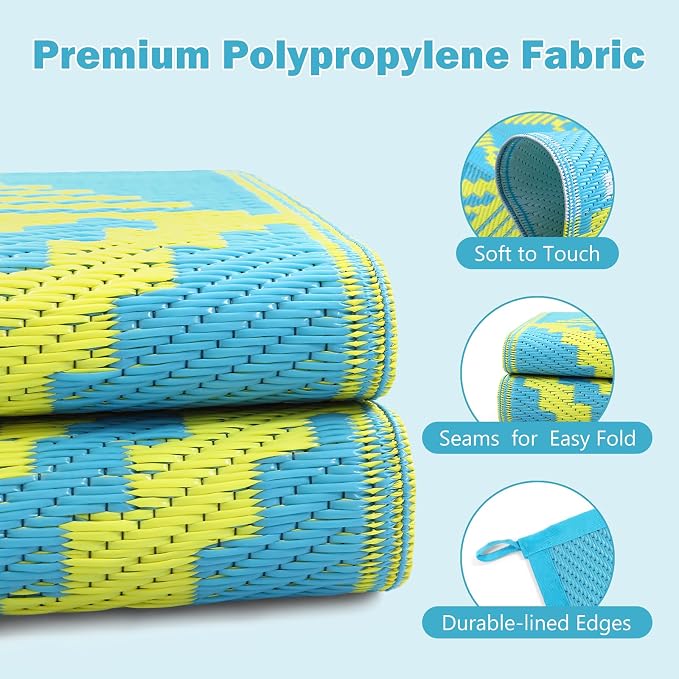 Lahome Waterproof Outdoor Patio Rug 9x12, Reversible Large Outdoor Area Rug for Patios, Camping Rugs for Beach RV Backyard Deck Picnic Trailer (Blue/Yellow, 9' x 12')