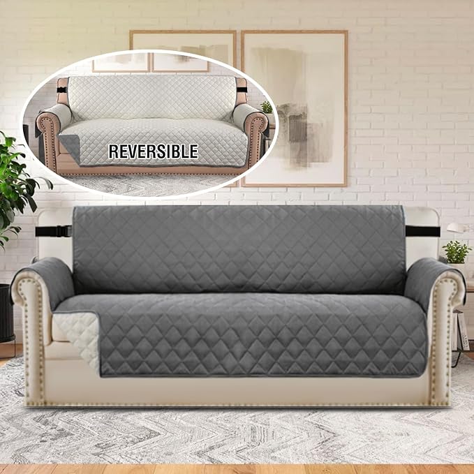 H.VERSAILTEX Sofa Protector for Dogs/Cats/Pets Sofa Slipcover Quilted Furniture Protector with Non Slip Elastic Strap Water Resistant Sofa Covers Seat Width: 66" (Sofa, Charcoal Grey)