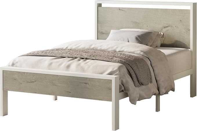Allewie Twin Size Bed Frame, Heavy Duty 12 Metal Slats Support, White | Wooden Headboard and Footboard, Modern Platform Bed, No Box Spring Needed, Under-Bed Storage, Noise Free, Easy Assembly