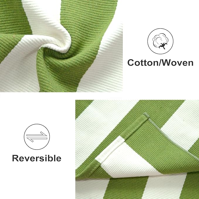 3'x5'Outdoor Rug,Striped Cotton Woven Washable Front Porch Rug Green and White Farmhouse Entry Rug Indoor Outdoor Area Rug for Porch/Home Entrace Decor/Bedroom/Layered Door Mats