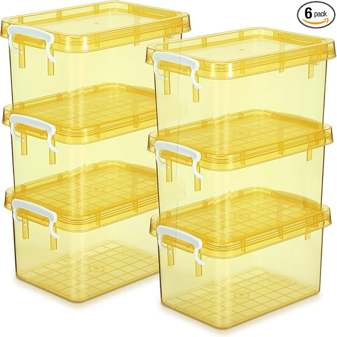 Wenqik 6 Pack Colorful Plastic Storage Bins with Lids 4 Quart Small Storage Latch Box Stackable and Nestable Clear Organizer Bins with Latching Handle and Buckle for Organizing(Yellow)