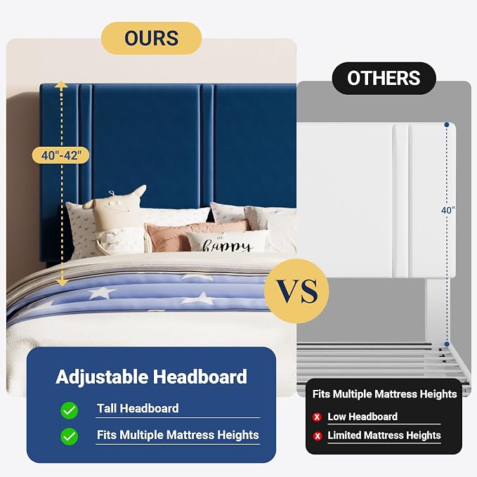 Allewie Twin Size Platform Bed Frame with Adjustable Headboard | Plush Velvet Upholstered, Vertical Channel Tufted, Sturdy Wood Slats, No Box Spring Needed, Easy Assembly, Blue