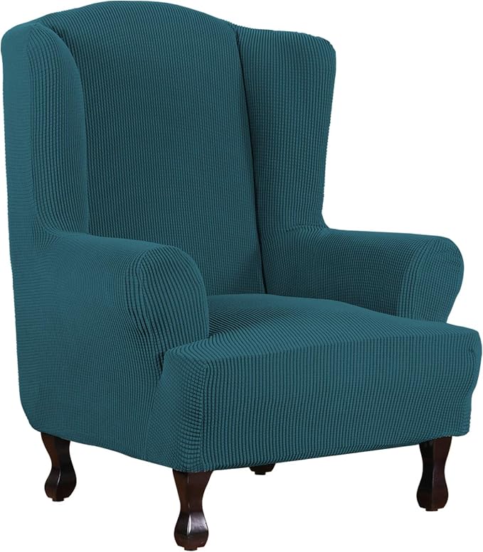 H.VERSAILTEX Wing Chair Slipcover Chair Covers for Wingback Chairs Wingback Chair Covers Slipcovers 1 Piece Stretch Sofa Cover Furniture Protector Soft Spandex Jacquard Checked Pattern, Deep Teal