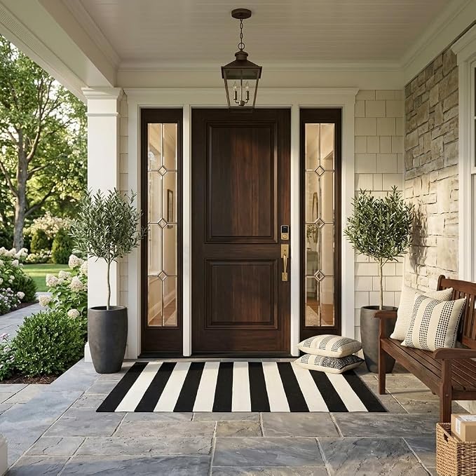 LEEVAN Black and White Outdoor Rug 3X5, Cotton Washable Striped Patio Rugs Hand Woven Front Door Mat, Reversible Entryway Rug Farmhouse Black Floor Carpet for Balcony/Courtyard/Entrance