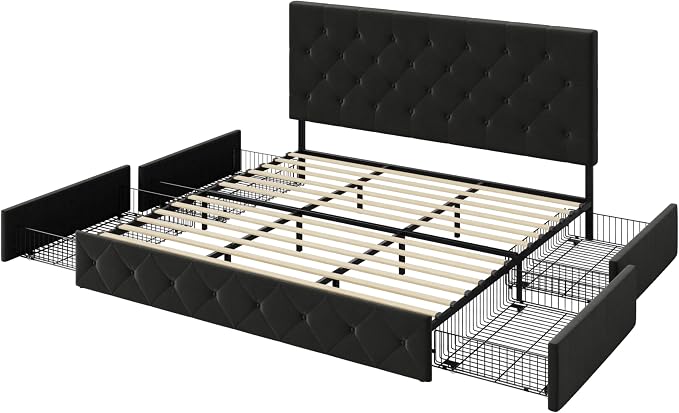 Allewie Upholstered King Size Platform Bed Frame with 4 Storage Drawers and Adjustable Headboard, Diamond Button Tufted, Wooden Slats Support, Noise-Free, No Box Spring Needed, Easy Assembly, Black