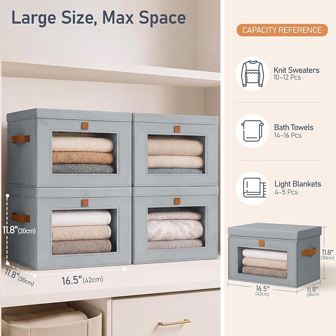 DIMJ Storage Bins with Lids - 4 Pack Front Opening Stackable Fabric Storage Boxes with Clear Window & Handles, Collapsible Closet Organizers for Clothes, Sweaters, Shelf Storage, Bedroom, Gray