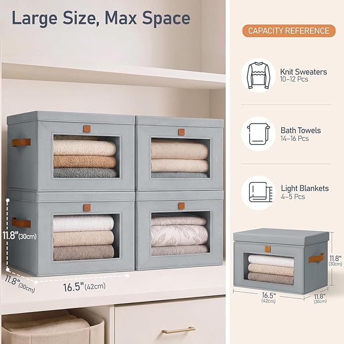 DIMJ Storage Bins with Lids - 5 Pack Front Opening Stackable Fabric Storage Boxes with Clear Window & Handles, Collapsible Closet Organizers for Clothes, Sweaters, Shelf Storage, Bedroom, Gray
