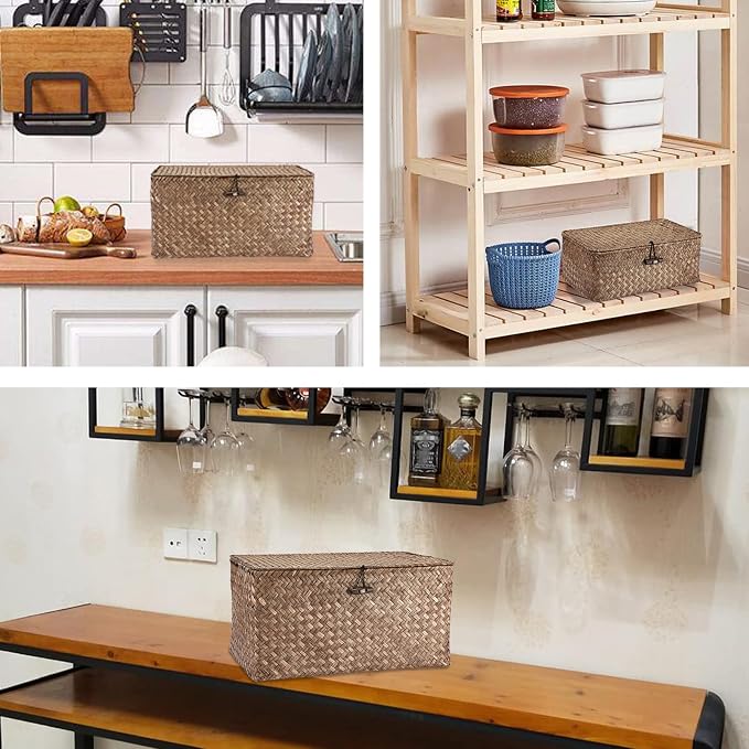 Hipiwe Wicker Shelf Baskets Bin with Lid Small Handwoven Storage Basket Box | Natural Seagrass Basket Bins Rectangular Household Basket Boxes for Shelf Wardrobe Home Organizer, Coffee