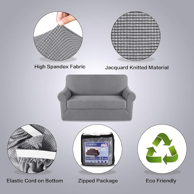 H.VERSAILTEX Loveseat Slipcover 2 Piece Stretch Loveseat Cover Couch Cover|Sofa Cover with Individual Seat Cushion Cover, Furniture Protector Suit for T Cushion/Box Cushion (58"-70", Dove)