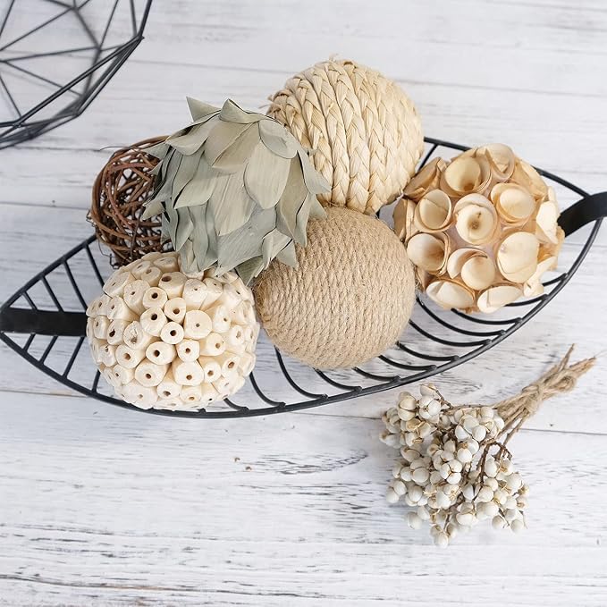 6pcs 3.5inch Woven Wicker Rattan Balls Decorative Ball Twig Orbs Green Orbs Vase Bowl Filler for Tabletop Decor (Beige White)