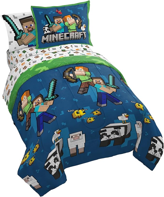 Jay Franco Minecraft Full Comforter Set - 7 Piece Bedding Includes Sheet Set & Pillow Covers - Super Soft Kids Bedding Creeper & Zombie