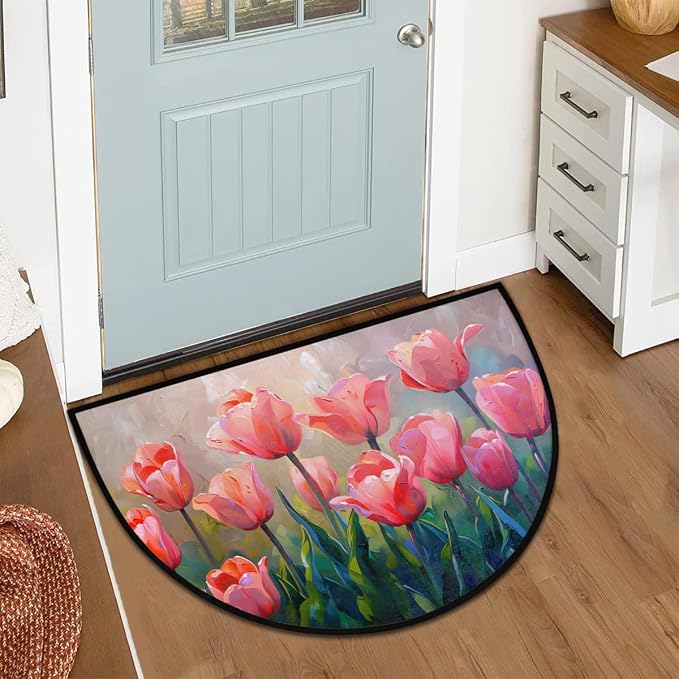 Flower Half Round Doormat Semi Circle Rug Half Moon Rug Entryway Mat | Pink Tulip Washable Non Slip Outdoor Floor Rug Kitchen Mat for Indoor Outdoor Bathroom Fireplace Bath Decor