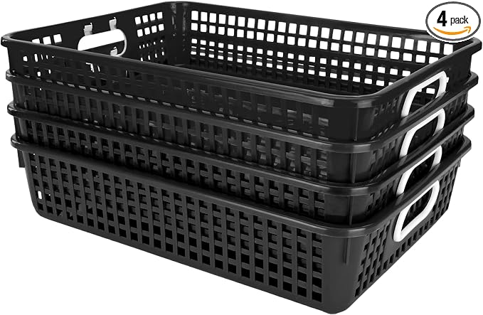 Really Good Stuff Multi-Purpose Small Desktop Paper Storage Baskets, 4 Pack | 14" x 10" x 3.25", Black, Classroom Organization, Stackable Mesh Plastic Baskets with Grip Handles