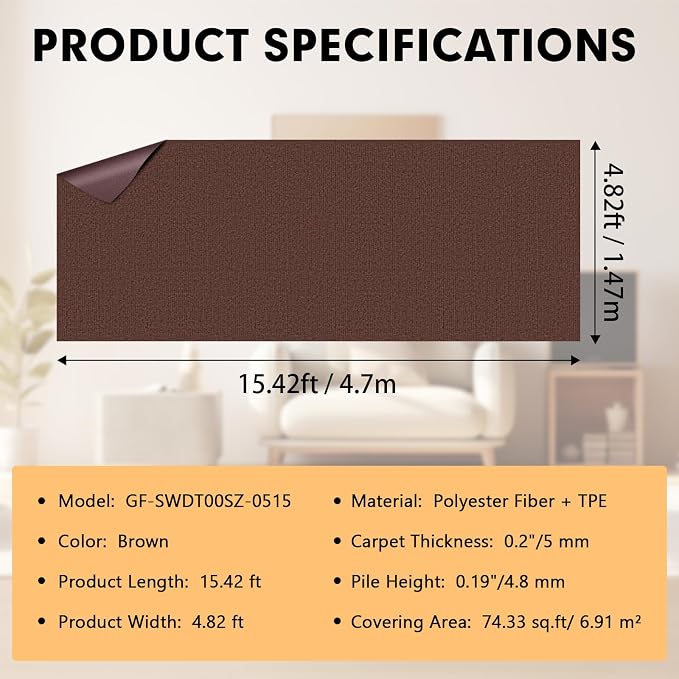 Grefinity Marine Carpet,5 FT x 15 FT Brown Indoor Outdoor Carpet 0.2" Thick Boat Rug with Water-Proof TPE Backing for Home, Patio, Porch, Deck