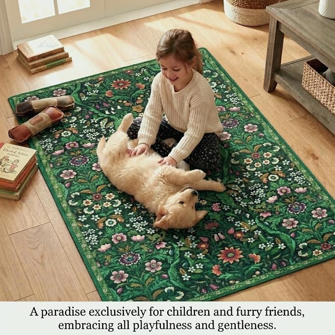 Dark Green Boho Rug 5x7, Living Room Vintage Non-Slip Rugs, Washable Floral Rug, Non-Slip Botanical Carpet for Bedroom Stain Resistant for Dining Room, Office, Home Decor