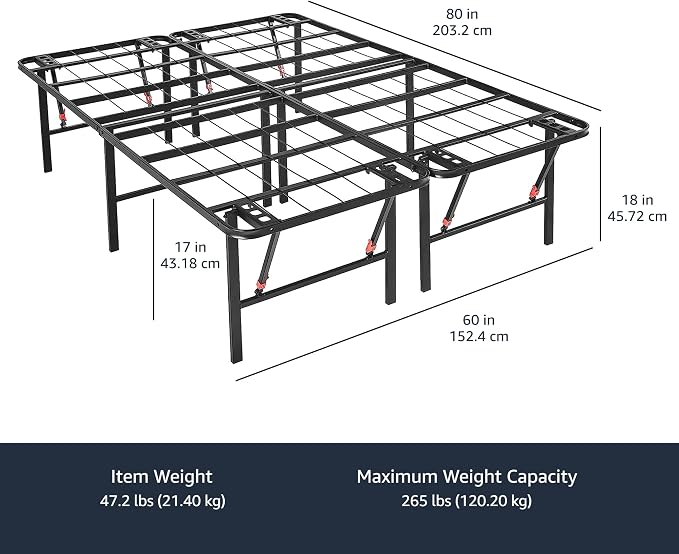 Amazon Basics Foldable Metal Platform Bed Frame with Storage, Sturdy Steel, No Box Spring Needed, 18 Inches High, Tool-Free Easy Assembly, Noise-Free, Queen Size, Black