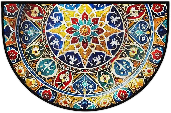 Art Mandala Half Round Door Mat Non Slip Half Circle Rugs | Ethnic Colorful Washable Half Moon Rug Semi Circle Rugs Indoor Entrance Floor Carpet for Kithen Bedroom Fireplace Decor