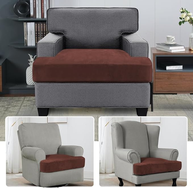 H.VERSAILTEX Stretch Velvet T Cushion Chair Covers for Living Room Armchair Sofa Cover Couch Cover Slipcover T Cushion Seat Cover Stay with Elastic Bands (Armchair, Burnt Brick)