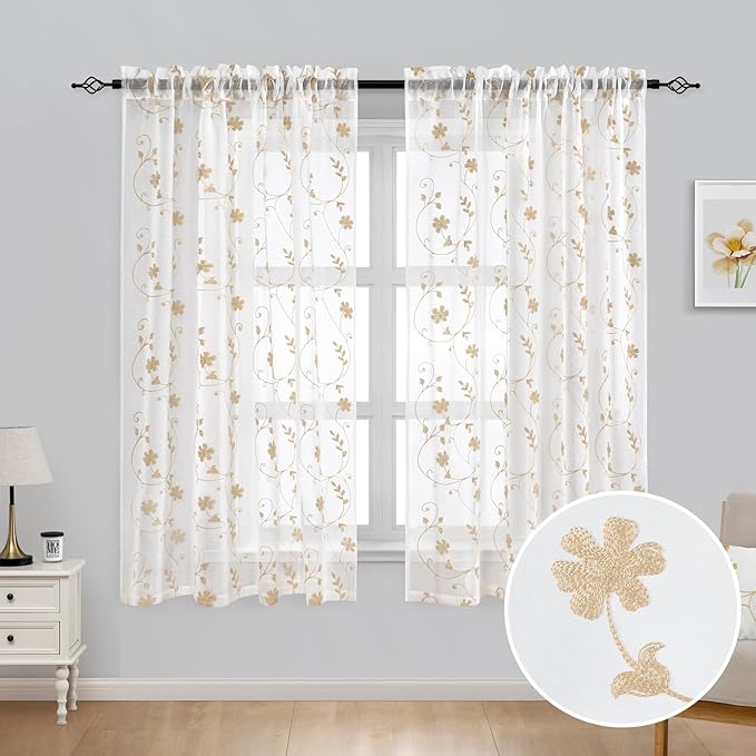 HOMEIDEAS Yellow Sheer Curtains 63 Inch Length 2 Panels Yellow and White - Image 2