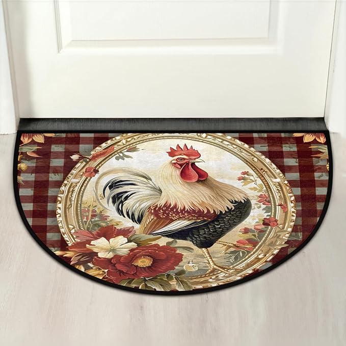 Half Round Door Mat Vintage Plaid Rooster Chicken Non-Slip Semi Circle Area Rug Washable Half Moon Hearth Rugs for Indoor Outdoor Bathroom Kitchen Patio Runner Mat Laundry Room Home Decoration