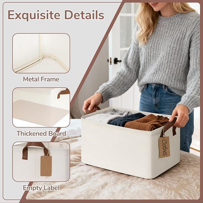 CHICVITA 4 Pack Fabric Shelf Storage Baskets with Metal Frame, Beige | 14.8 × 10.3 × 8.3 in, Collapsible Design, Leather Handles, Closet Organization, Clothes, Towels, Linens & Bedroom Storage