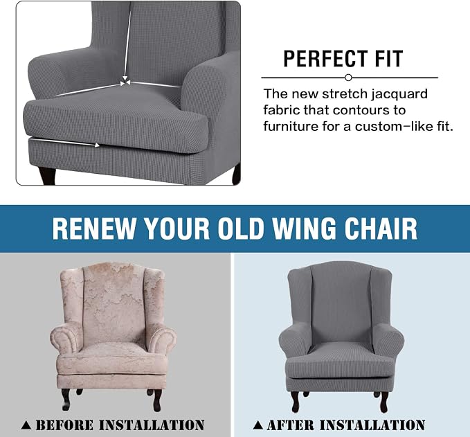 H.VERSAILTEX 2 Piece Stretch Jacquard Wingback Chair Covers Slipcovers Wing Chair Covers (Base Cover Plus Seat Cushion Cover) Furniture Covers for Wingback Chairs, Form Fitted Thick Soft, Grey