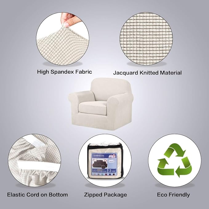 H.VERSAILTEX Stretch Slip Covers for Armchairs Chair Slipcovers for Living Room Armchair Furniture Cover Suit for T Cushion/Box Cushion, Spandex Jacquard Fabric Small Checks(Armchair-Standard, Ivory)