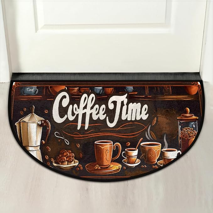 Pardick Coffee Design Art Half Round Doormat Semi Circle Rug Non Slip Indoor Outdoor Entrance Half Moon Rug Absorbent Durable Washable Front Floor Mat for Kitchen Bathroom Patio Fireplace
