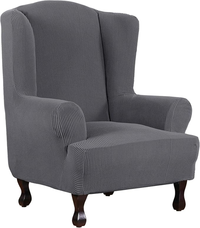 H.VERSAILTEX Wing Chair Slipcover Chair Covers for Wingback Chairs Wingback Chair Covers Slipcovers 1 Piece Stretch Sofa Cover Furniture Protector Spandex Jacquard Checked Pattern, Grey