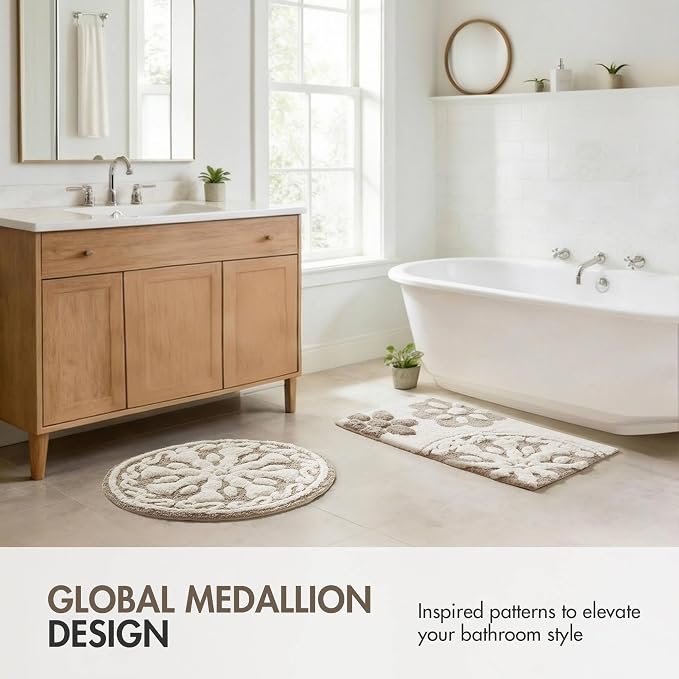 Madison Park Casablanca Tufted Cotton Bath Rug Non-Slip, Round 25", Taupe | Luxurious Plush Bath Mat, Quick Dry, Soft, Machine Washable, Floral Pattern, Absorbent, Plush, OEKO-TEX, for Bathroom
