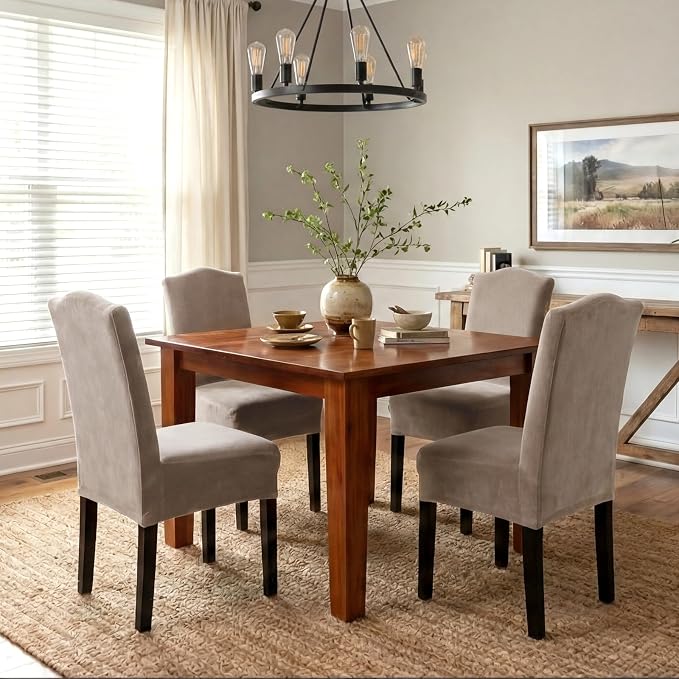 H.VERSAILTEX Dining Chair Covers Stretch for Dining Room Set of 4 Parson Chair Slipcovers Protectors, Soft Thick Solid Velvet Fabric Washable, Taupe