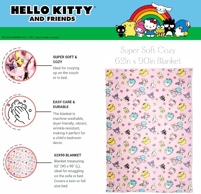Sanrio Hello Kitty & Friends Cozy Blanket 62 in x 90 in – Soft Fluffy Plush Throw for Couch Or Bed, Collectible Gift (100% Officially Licensed Product) by Franco Collectibles®