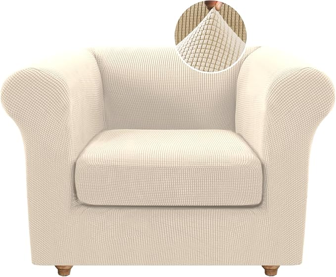 H.VERSAILTEX 2 Pieces Chesterfield Chair Covers Stretch Chair Slip Covers Mid Century Deep Seat Couch Cover Fit Width Up to 47 Inch, Thicker Jacquard Fabric (Small Sofa, Natural)