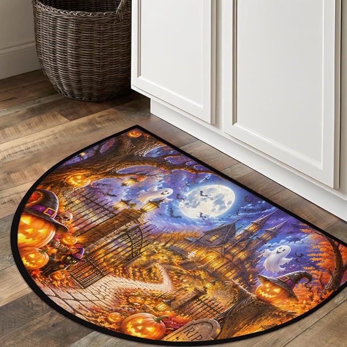 Halloween Half Round Door Mat Welcome Entrance Mat Bath Bathroom Rug B1 | Halloween Ghosts Welcome Entrance Mat Anti-Slip Half Moon Bath Mat Semi Circle Rug Indoor Outdoor Kitchen Rug
