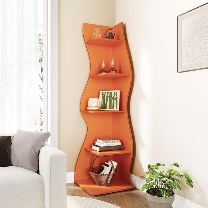 LITTLE TREE Small Corner Shelf, Modern 5-Tier Wall Wavy Corner Bookshelf | Stylish Bookcase Storage Rack for Small Space, Living Room, Bedroom, Orange